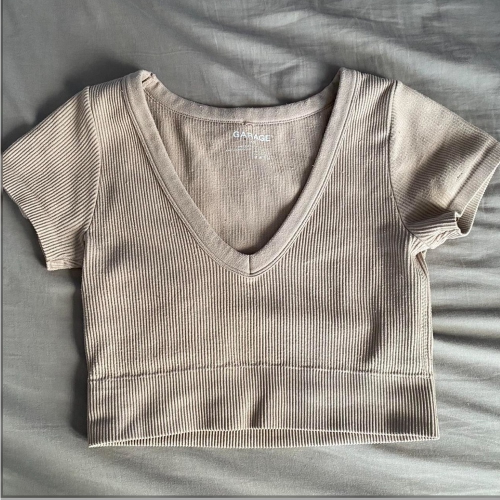 Garage Tan Ribbed V-Neck Tee